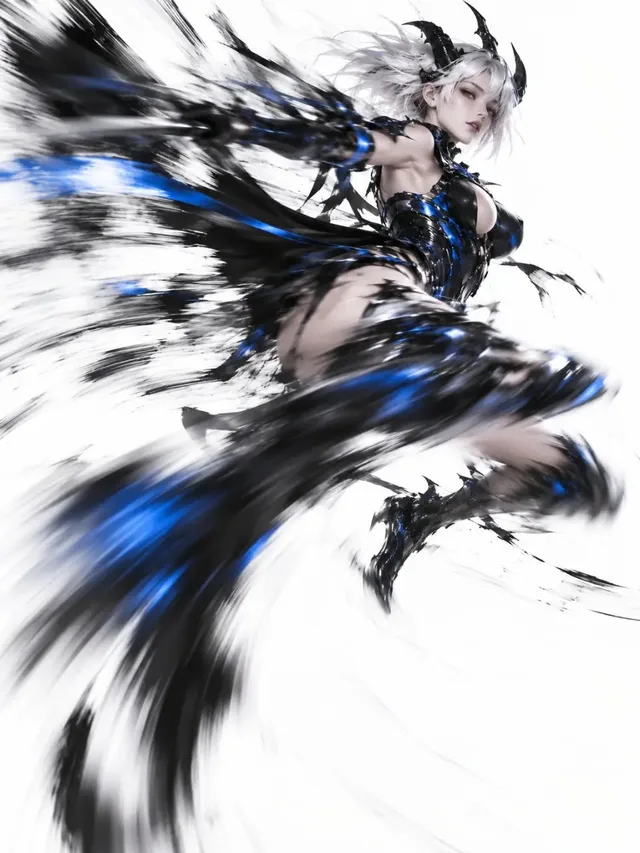 An adult female fantasy demon warrior with short white hair and black horns leaping through the air with extreme motion blur.