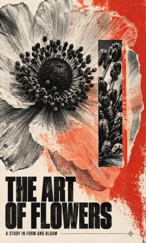 Anemone flower art poster, black and white with red and coral ink, cut-paper effect, bold title 'THE ART OF FLOWERS'.