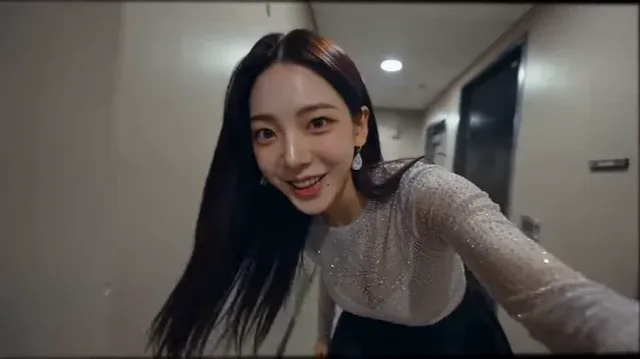 First-person view of a smiling Korean female K-pop idol in her 20s, with long black hair and stage outfit, waving goodbye backstage after grabbing a snack.