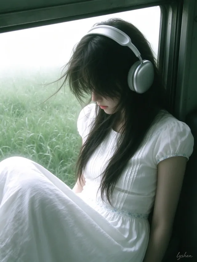 A young East Asian woman seated by a dark green train window in soft focus, with light diffusing from the bright sky outside.