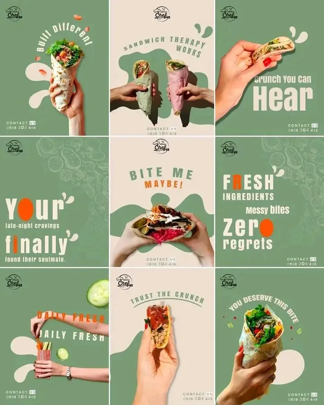 A 3x3 grid of social media posts for Kitchen Chef, showcasing sandwiches, wraps, and vegetables with hand-drawn art and bold typography in a muted, organic style.