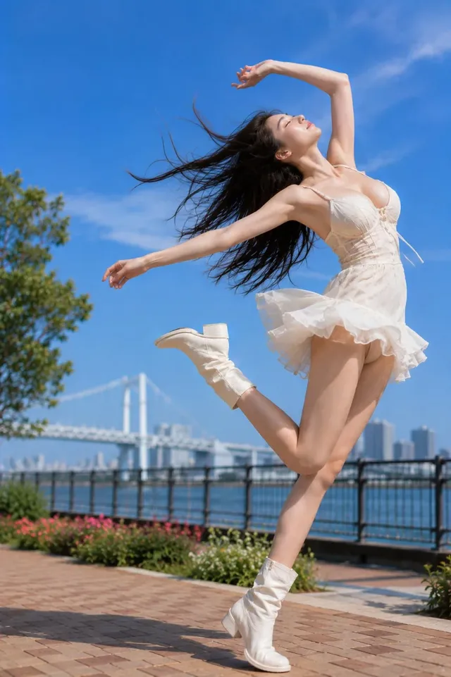 Full body shot of a young woman in a white mini dress and boots, captured mid-leap on a seaside promenade. Her eyes are closed, hair and dress flowing dynamically in the wind against a bright blue sky.