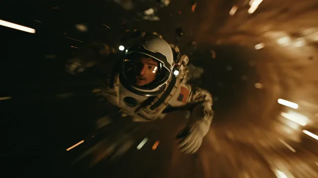 An astronaut falling into a swirling black hole in deep space.