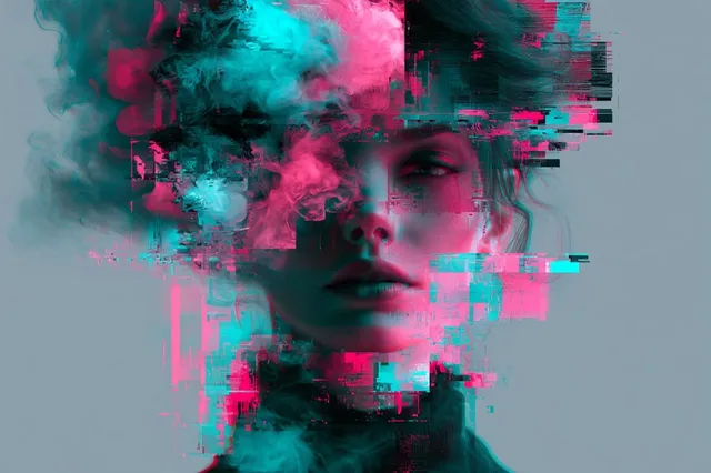 A vaporous glitch art anomaly with digital distortions and pixelated forms dissolving into a smoky atmosphere, featuring glitchy colors.
