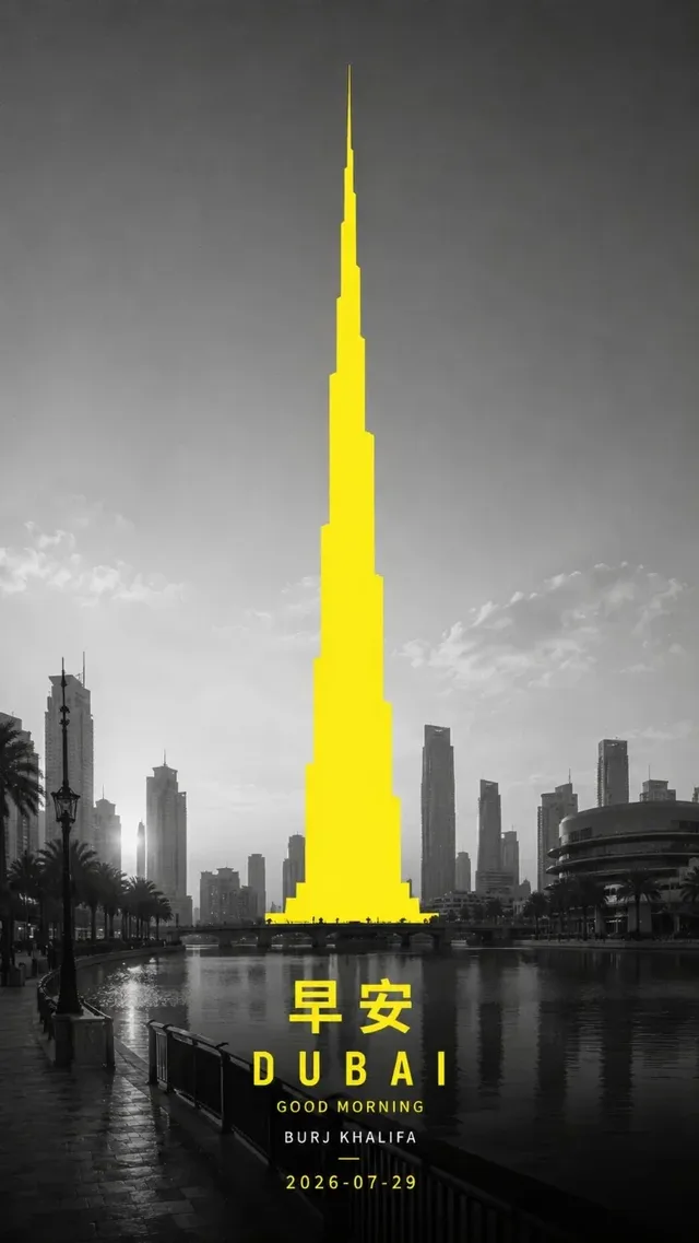 A stark, graphic silhouette of a city landmark is superimposed on a desaturated, textured urban background, conveying a modern greeting.
