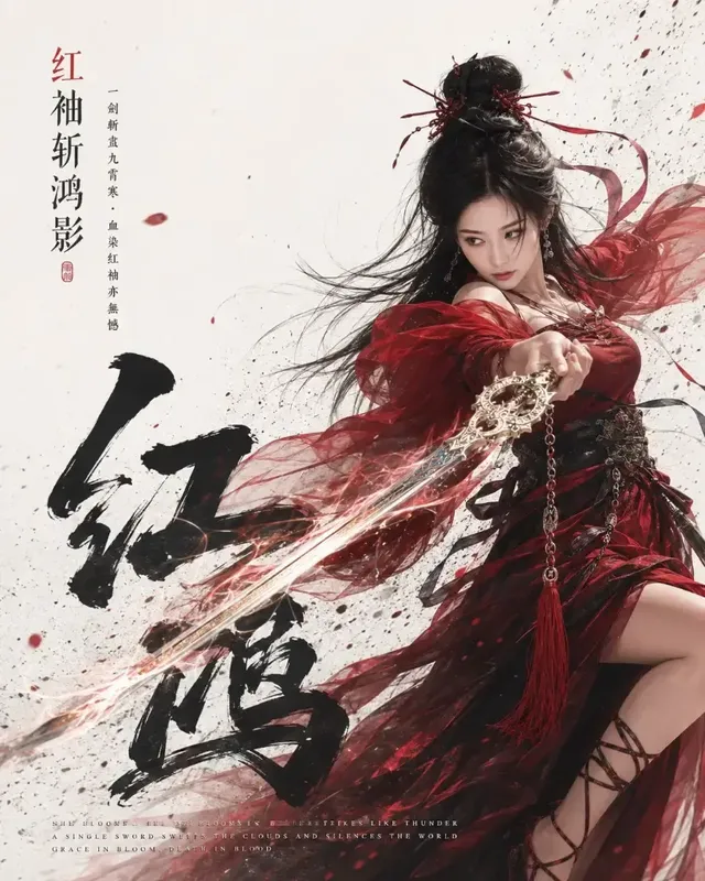A powerful female warrior in a flowing red ancient Chinese dress, holding a silver sword, set against a stark background with ink splashes and calligraphy.