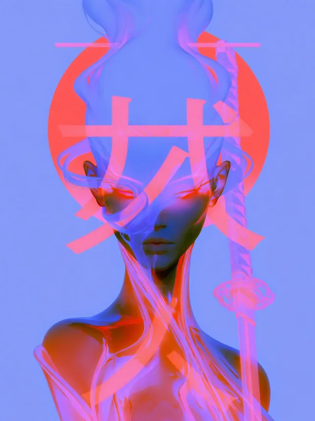Cyberpunk samurai with katana, bold Japanese text, and a red sun in a minimalist, vivid color style.