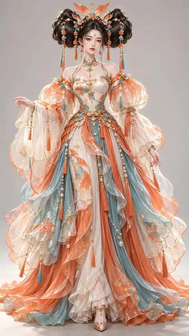 A full-body stylized 3D CG render of an elegant Eastern fantasy woman with elaborate lantern-like hair buns and coral-orange and cyan couture.