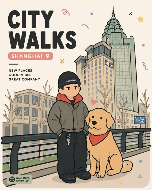 Playful flat-vector poster of a human and animal posing together, with clean outlines and pastel color blocking.