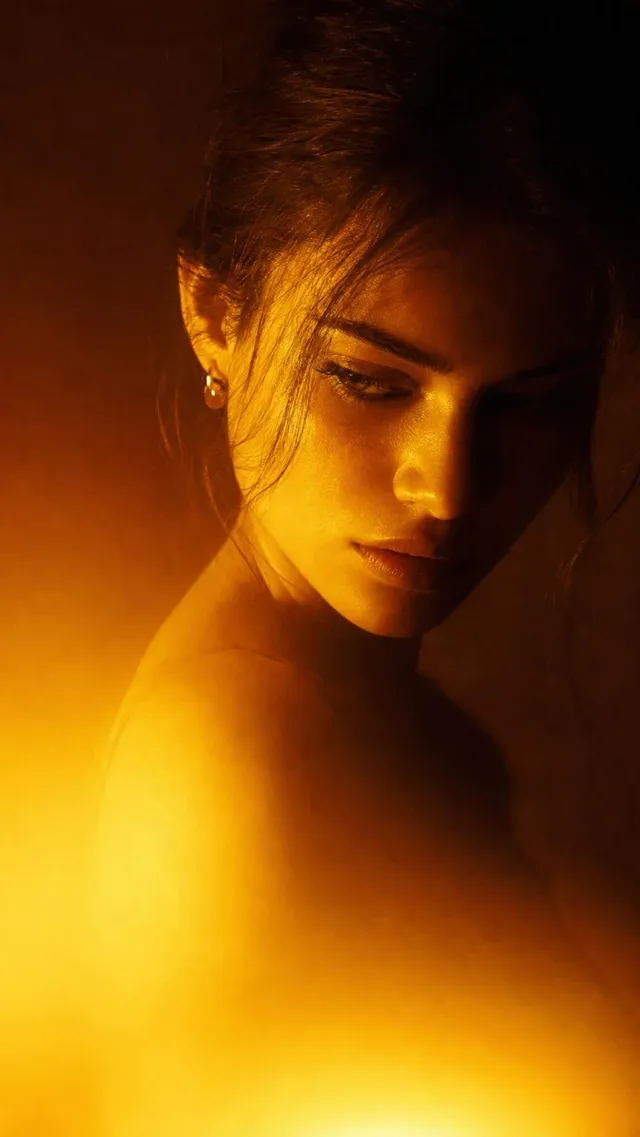 Close-up portrait of a woman with tousled hair, face half in shadow, bathed in warm golden-orange light creating a halo effect, soft focus, hazy light flare at the bottom, dark background.