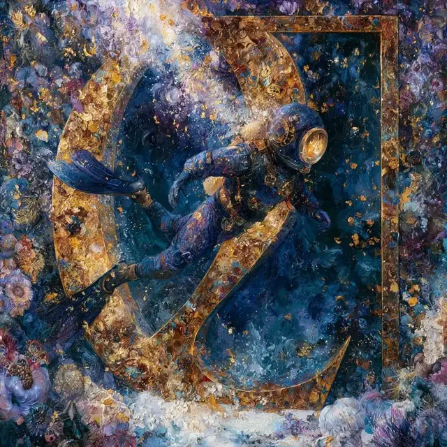 A textured oil painting of a dark blue cosmic sky with glowing gold and amber brushstrokes.