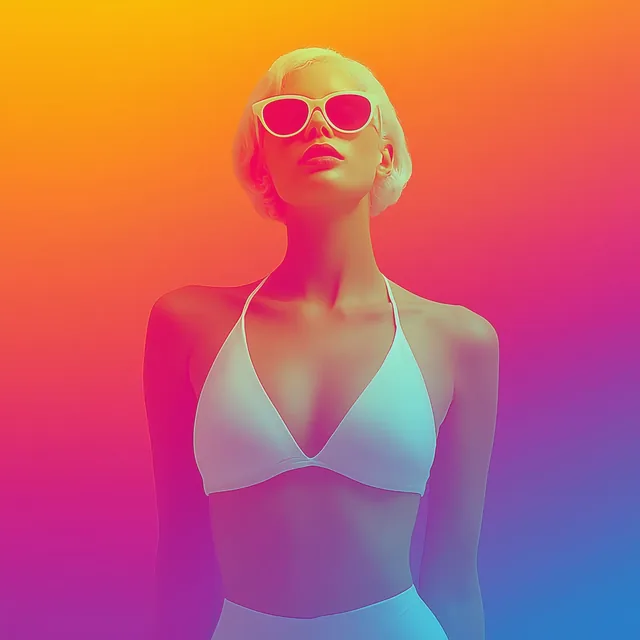 Woman wearing sunglasses against a vibrant pink, purple, and yellow gradient background.