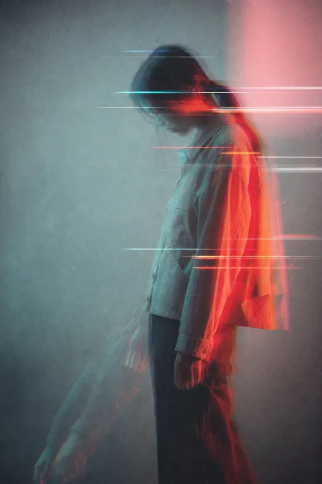 Experimental fashion portrait of a young woman with a side profile, characterized by split lighting (cool green and warm red), RGB channel displacement, multiple transparent overlays, and horizontal scan lines across her face and body.