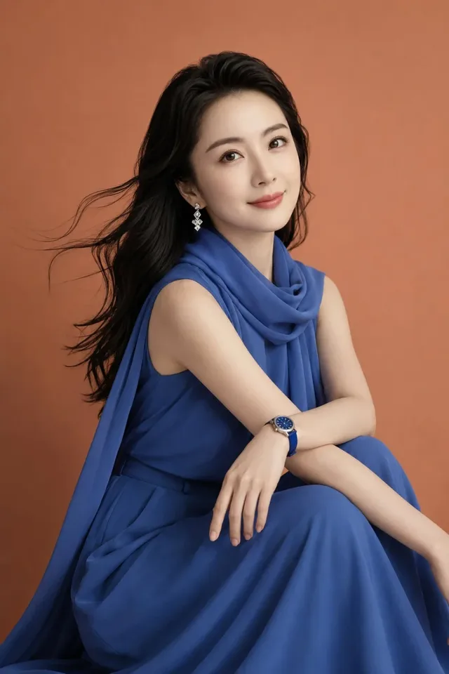 Studio portrait of an East Asian woman with long black curly hair, wearing a sapphire blue sleeveless gown with a scarf neckline, seated gracefully on a terracotta orange seamless background. She wears diamond earrings and a blue watch.