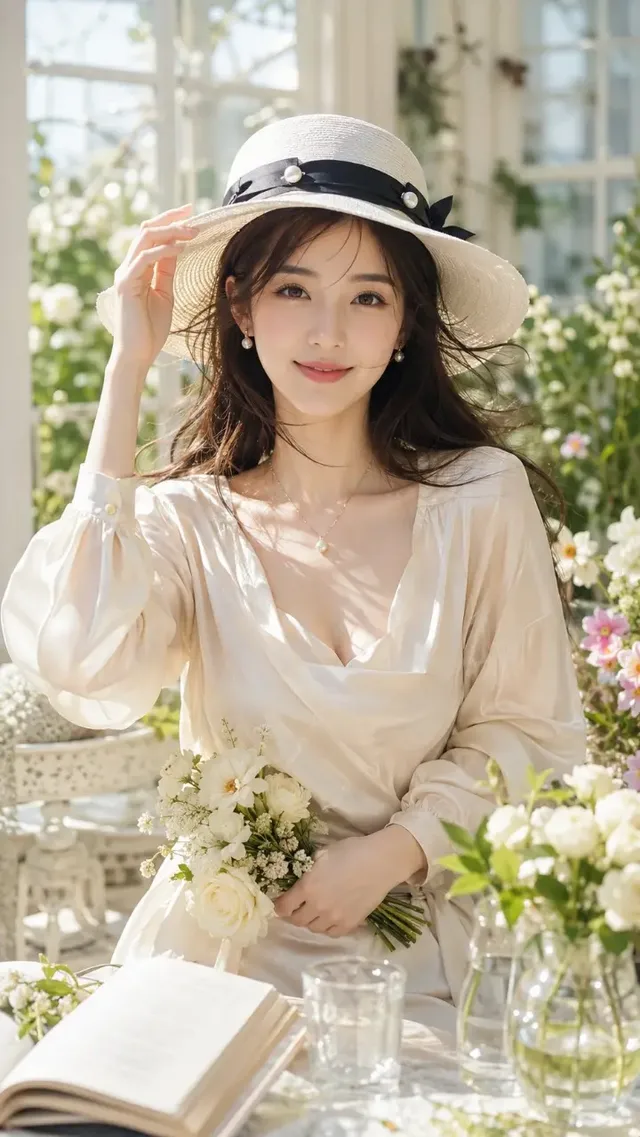 A 25-year-old East Asian woman with delicate features, wearing a cream wide-brimmed hat with a black ribbon, and an ivory silk blouse. She is in a bright garden setting, gently lifting her hand to adjust her hat as a breeze blows. Her expression is softly surprised and smiling, looking towards the camera.