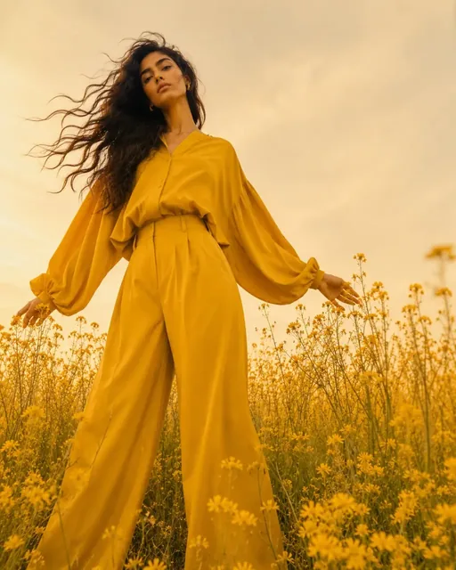 Full-body fashion shot of a woman in a mustard-yellow blouse and trousers standing in tall yellow wildflowers, looking softly towards the camera.