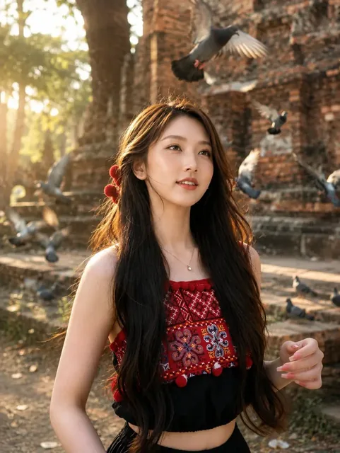 Ultra realistic cinematic travel portrait of a young East Asian woman in front of ancient temple ruins during golden hour, with pigeons flying around her and warm volumetric lighting.