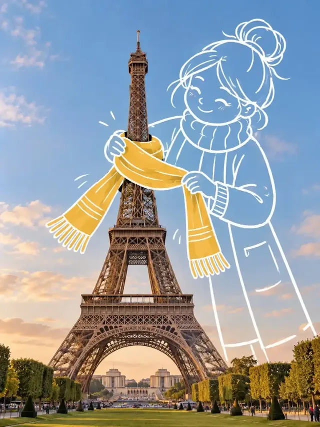 A realistic photograph creatively enhanced with oversized white line-art doodle characters interacting with the real architecture.