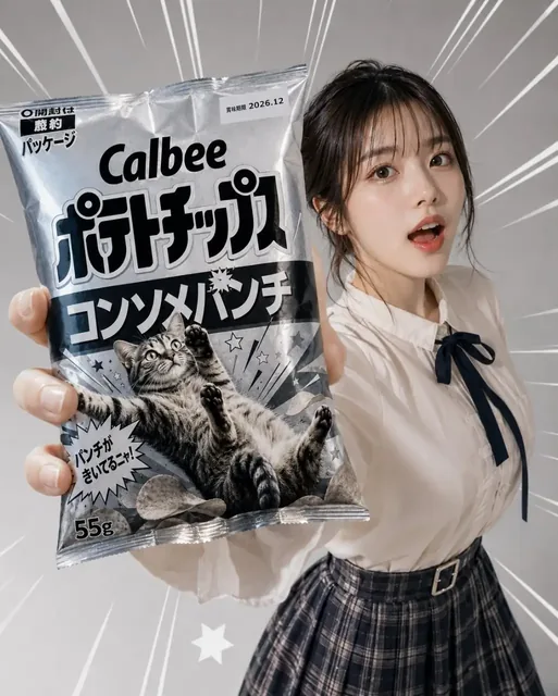 A young Japanese woman with black hair, wearing a white blouse and plaid skirt, thrusts a large bag of consommé punch potato chips towards the camera, her eyes wide with surprise.