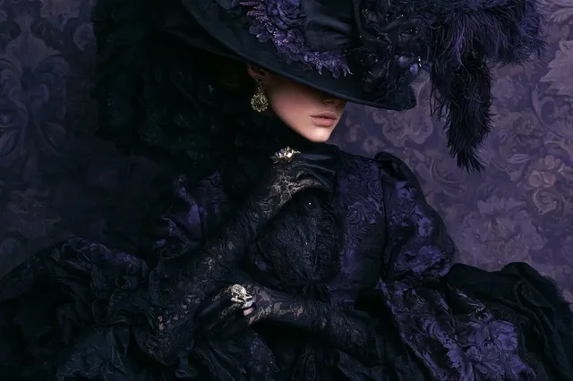 A detailed Victorian fashion portrait of [SUBJECT], dressed in elaborate period clothing with a color palette of rich [COLOR1] and [COLOR2] tones, emphasizing historical elegance and extravagance.
