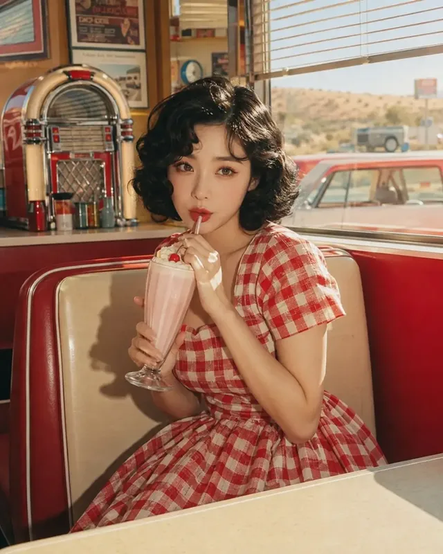 1960s Kodachrome-style photo of a beautiful Korean woman with short curly hair and a red and white dress, sitting in a diner booth with a pink milkshake, bathed in sunlight.