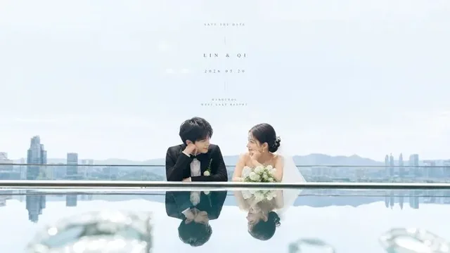 Surreal wedding portrait of Lin Daiyu and Harry Potter, with a mirrored reflection below a horizontal line, set against a bright, airy background.
