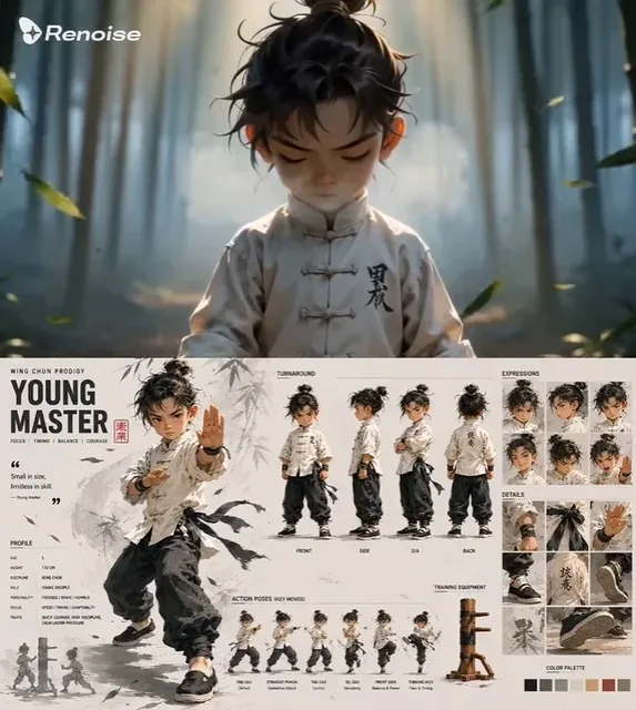 A young Chinese boy in a white Wing Chun jacket and black pants stands in a misty bamboo forest, surrounded by thousands of frozen bamboo leaves.
