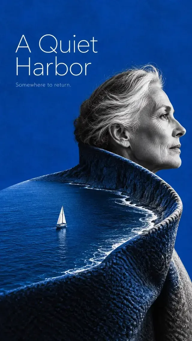 Art film poster with a monumental illusion where a human fragment merges into a landscape, featuring a tiny traveler and a dominant spot color.