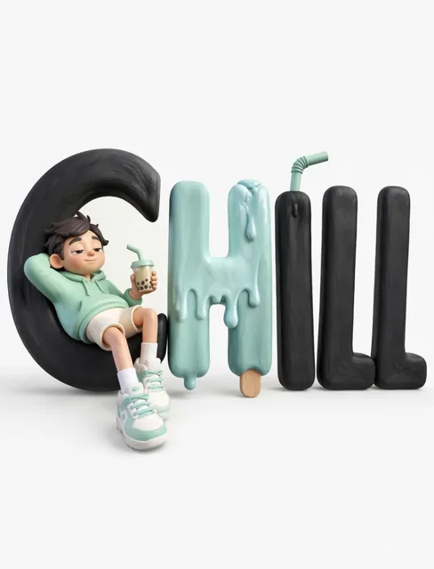 A cute, stylized 3D clay character lounging on the letter 'C' of the word 'CHILL', holding a bubble tea.