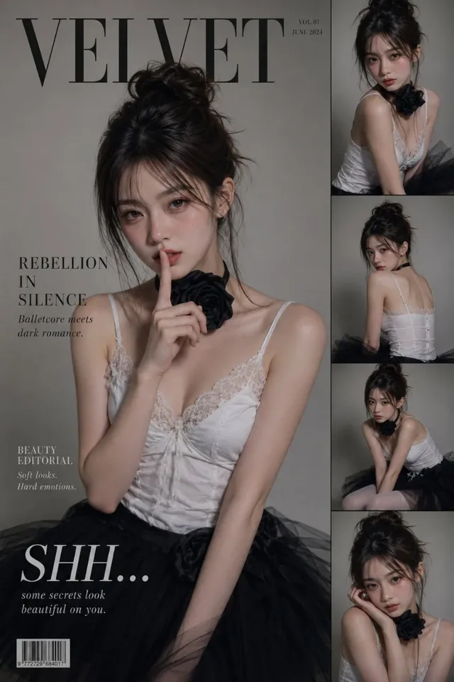 A young Asian woman with dark coquette balletcore style poses for a fashion magazine cover, wearing a lace camisole, tulle skirt, and rose choker, with a 'shh' gesture.