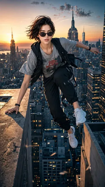 Young woman in mid-air, leaping between skyscrapers in New York City during a sunset.