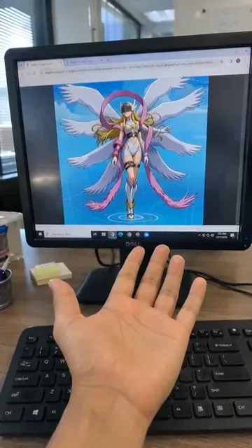 A character, initially flat on a phone screen, expands into 3D and emerges from the screen to stand on a person's palm, interacting with their fingers.