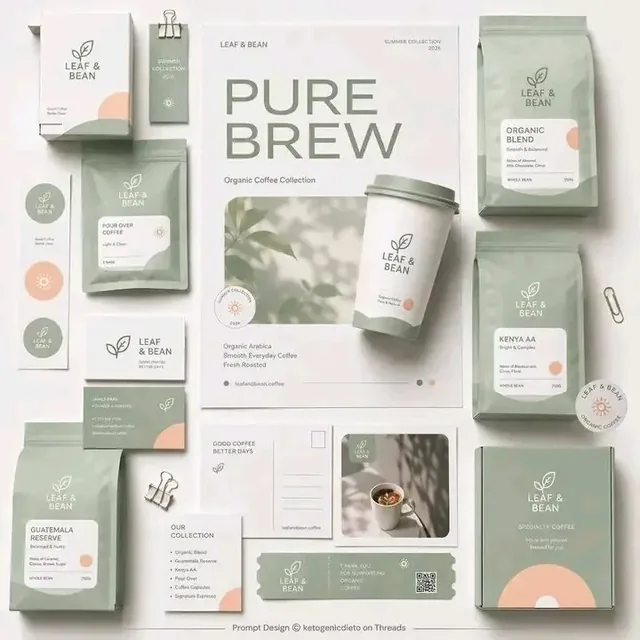 Overhead view of a premium brand identity mockup with coordinated stationery, packaging, and marketing materials arranged neatly on a surface.