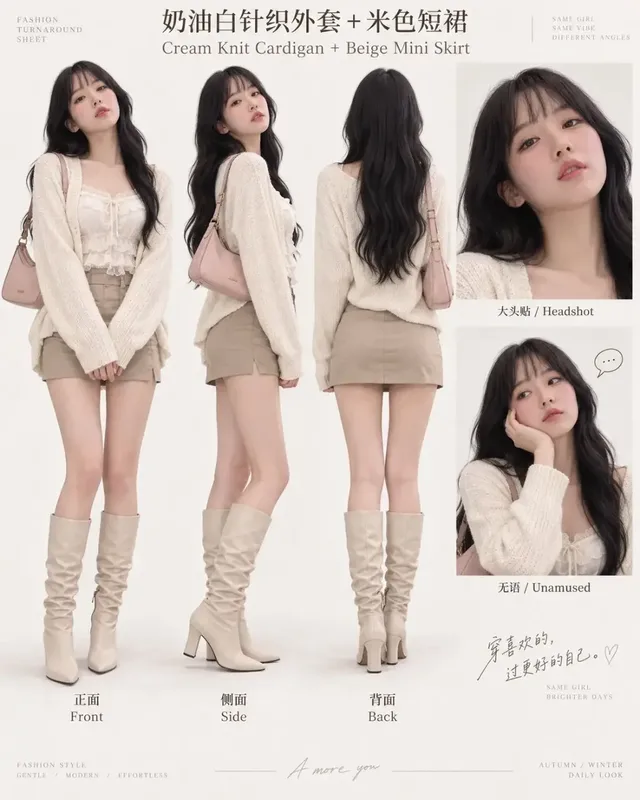 Eight separate Korean autumn fashion turnaround sheets featuring a consistent East Asian female model with black wavy hair, presenting eight different outfits with front, side, and back views, a headshot, and an emotional pose.