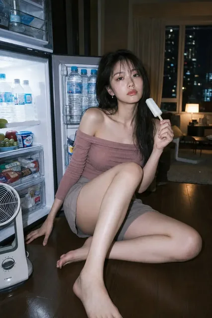 A young woman sitting on the floor next to an open refrigerator, holding an ice pop.
