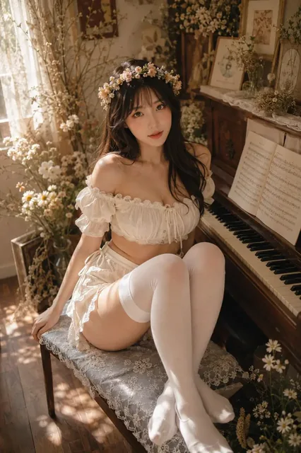 Adult female model with a floral crown sits beside a vintage piano in a floral room, wearing thigh-high stockings and an off-shoulder top.