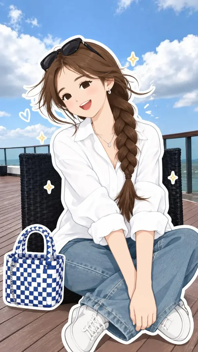 A cute full-body flat 2D cartoon sticker character with a thick white outline, set against an unchanged realistic photographic background.