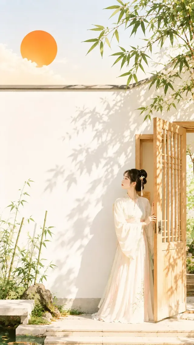 A woman in traditional Chinese clothing stands next to a white wall with green bamboo shadows, touching a light brown wooden door. A warm orange circle of sunlight is in the upper left corner.