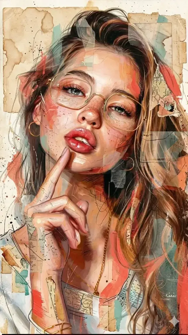 Contemporary mixed-media portrait illustration with expressive painterly brushwork, abstract collage elements, vibrant warm colors, and textured vintage paper background.