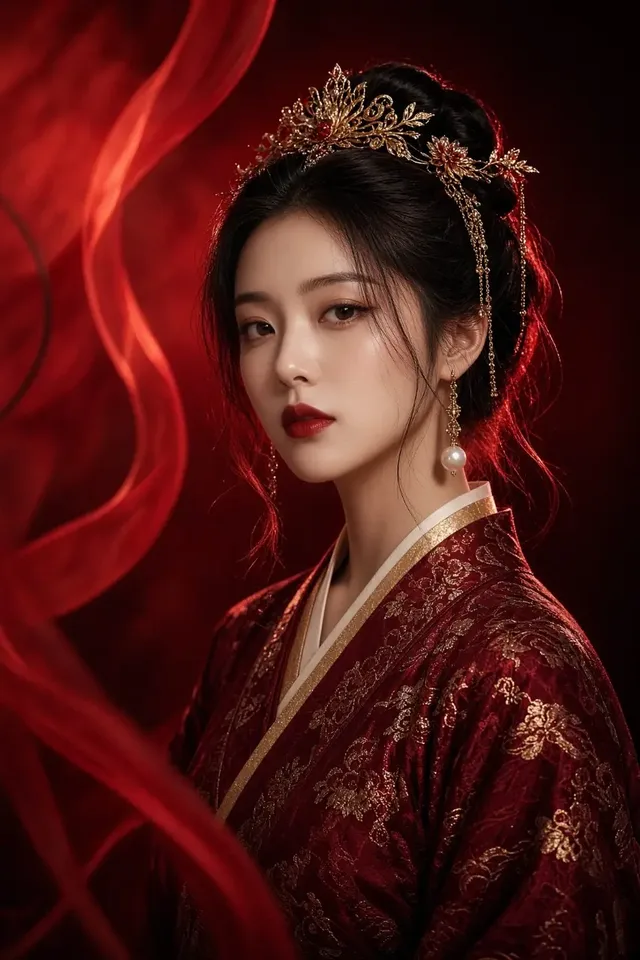 Cinematic portrait of an East Asian woman in luxurious crimson Hanfu with traditional updo and dramatic red lighting.
