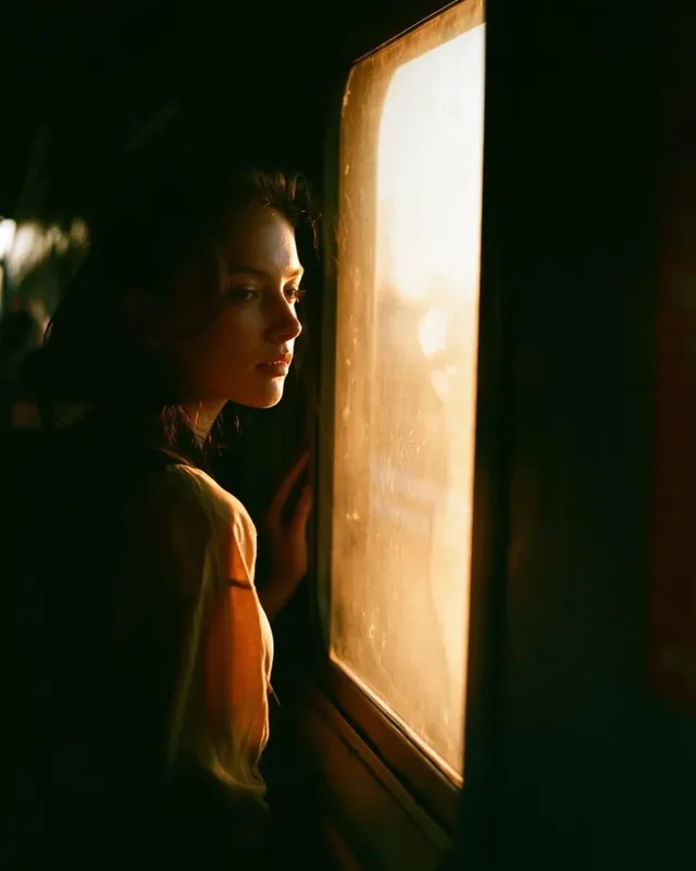 A young woman, seen in profile, is backlit by warm golden hour light filtering through a dusty train window. The scene has a nostalgic, cinematic feel with soft focus and heavy grain.