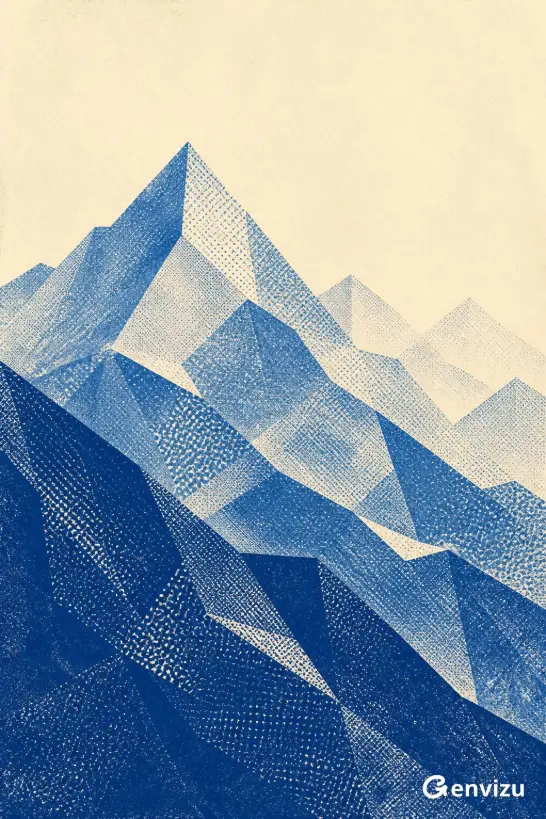 Stylized vertical print of minimalist geometric mountains. The sky is a warm ivory. Mountain ranges in deep cobalt blue, medium cobalt blue, and diluted blue-gray rise from the bottom, with a sharp peak on the left. Rendered with halftone dots and ink textures.
