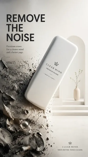 Giant premium white eraser erasing visual chaos and stress, leaving a clean background.