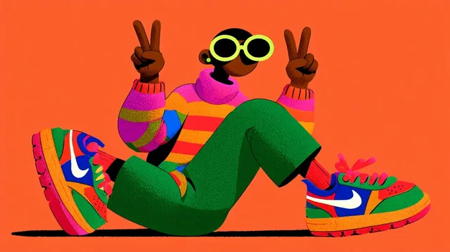 A stylized character with sunglasses and colorful clothing and sneakers, making peace signs.