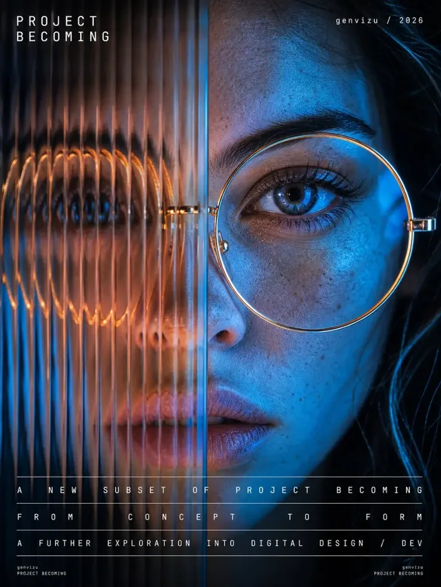 A hyper-realistic, extreme close-up portrait of a young woman's face. She wears large, thin metal-rimmed glasses. A ribbed glass panel on the left refracts her eye, nose, and mouth. Dramatic blue and gold lighting creates high contrast and sharp focus on her features and skin texture.
