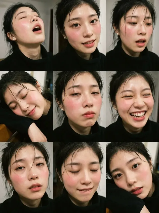 A 3x3 grid of close-up portraits of a woman showing various stages of post-exertion exhaustion and euphoria.