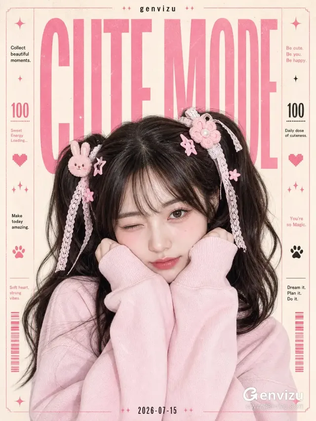Editorial poster of a young East Asian woman with pink hair accessories and a light pink hoodie, making a playful expression, with "CUTE MODE" text and decorative elements.