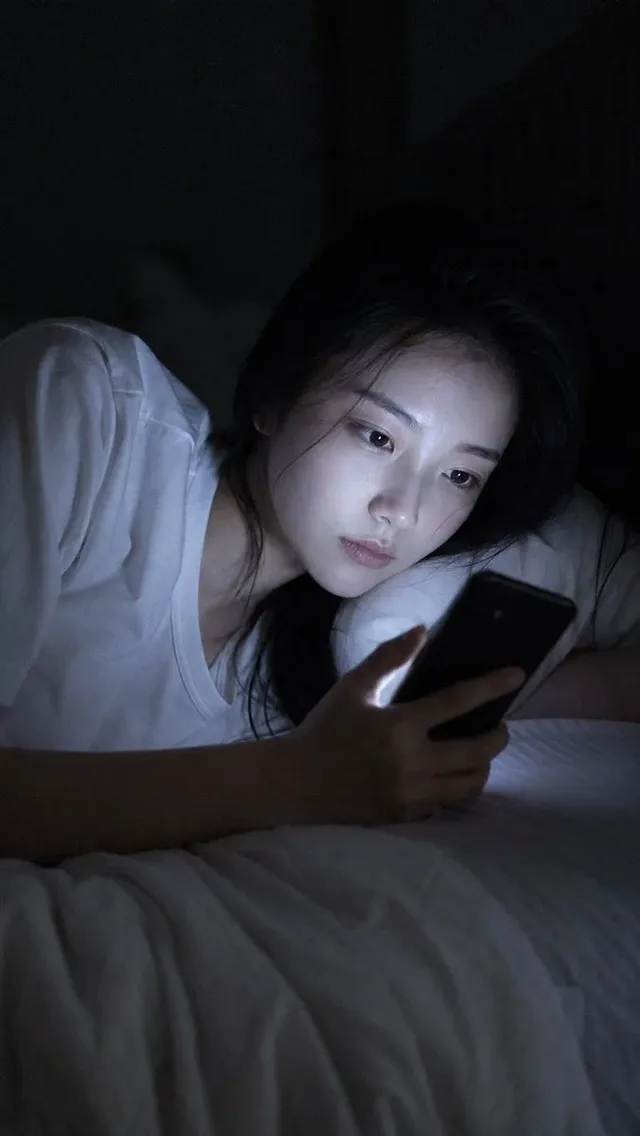 Close-up portrait of a young East Asian woman lying on her side in a dark bedroom, her face illuminated from below by the blue-white light of her phone screen, reflecting in her eyes.
