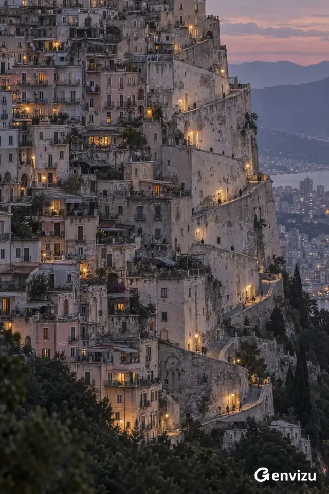 A massive, multi-layered residential building built into a steep mountainside, seen from a distance with a telephoto lens. The architecture shows varied textures and signs of wear, with warm lights in some windows and streetlights illuminating the winding paths. The background features distant mountains under a twilight sky.