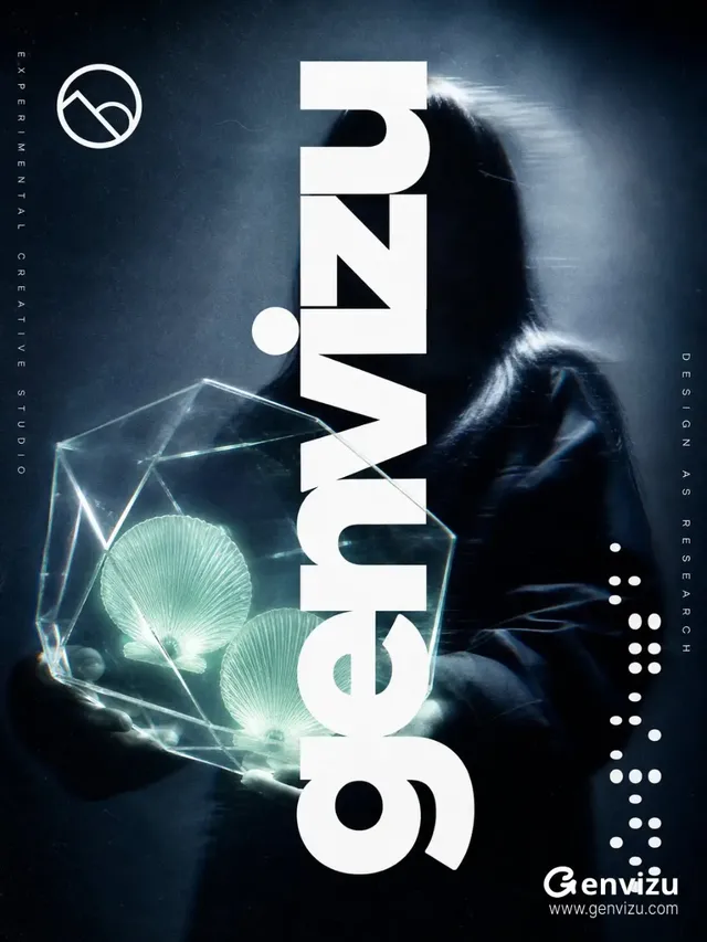 A 3:4 vertical experimental art poster with Swiss editorial design. Dark blue misty background, blurred figure holding a transparent container with glowing mint green objects. Large white lowercase 'genvizu' text dominates the center. Small white geometric symbol top-left, oval dots right, and thin technical notes on edges.